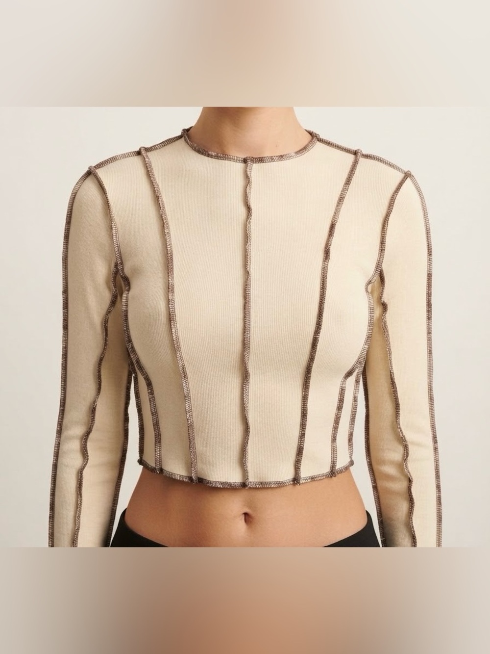 BROOKLYN KARMA Cream Brown Contrast Stitch Long Sleeve Crop Top Flawed